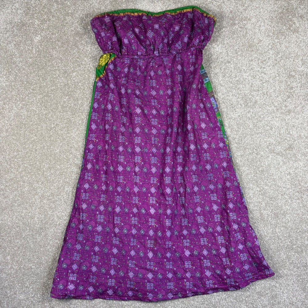 Synergy Silk Strapless Midi Dress Purple Green Mixed Print Boho Womens Medium